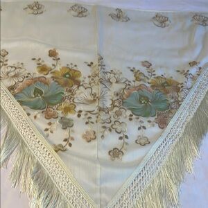 Hand Crafted Floral Scarf with Fringe - Cream, Green, Brown